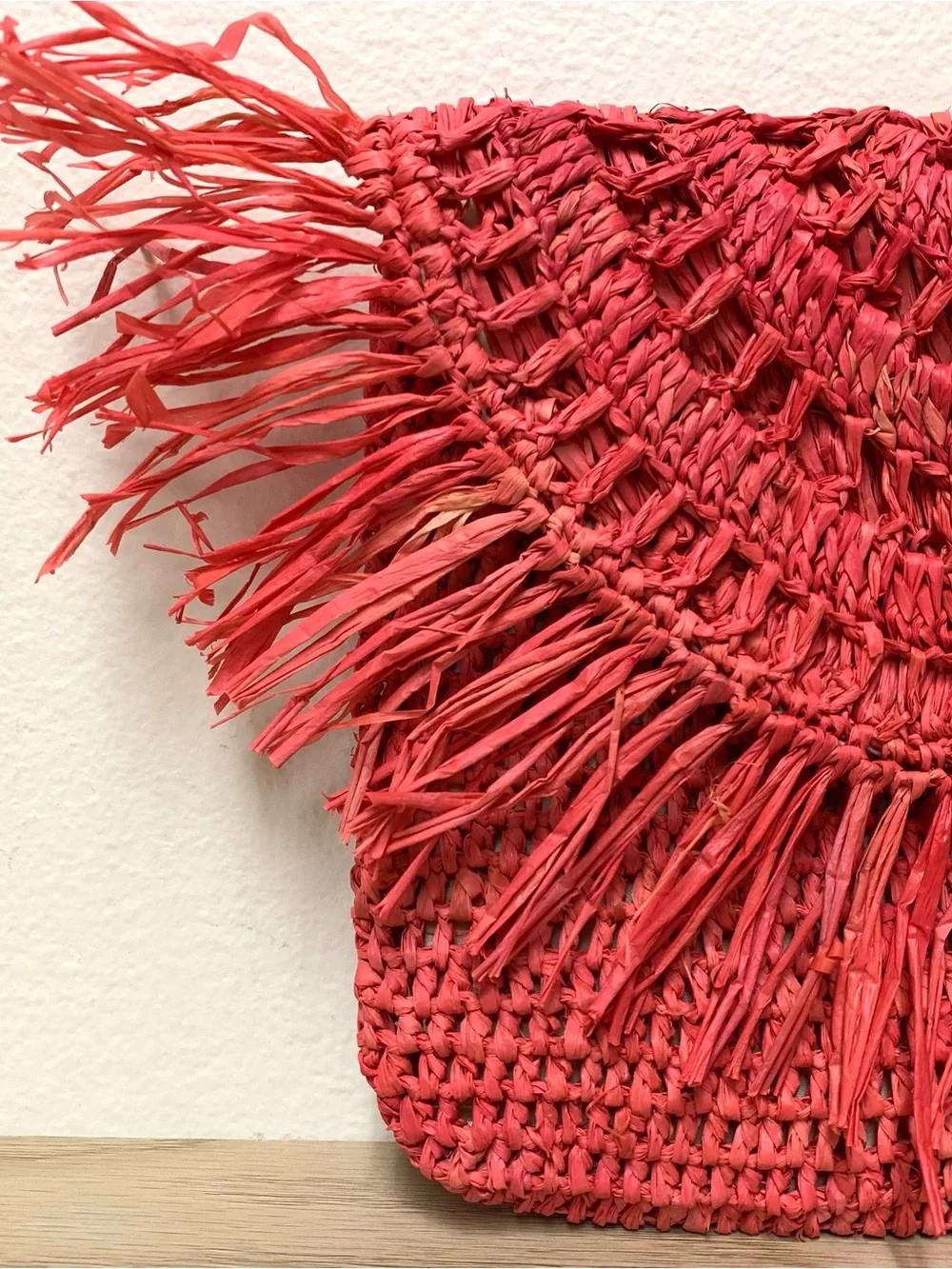 Mar y Sol Coral Raffia Crochet Fringe Clutch Handmade Woven Envelope Purse